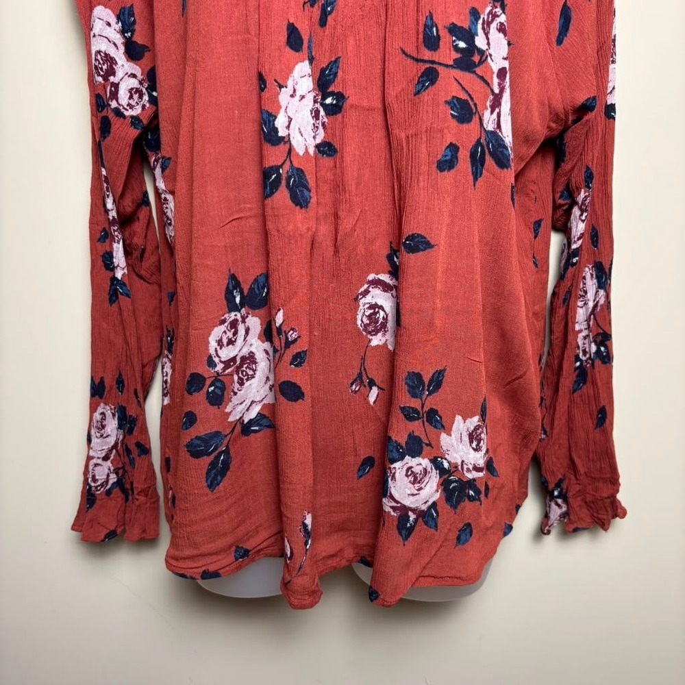 G&F Collection Terracotta Rust Floral Blouse Pintuck Long Sleeve Top Women Large - Picture 3 of 9